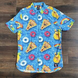 Neff X Barbie Hawaiian Shirt Men’s Size Large Blue Ken Donuts Pizza Rainbows